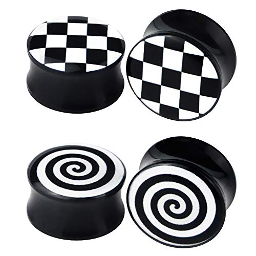 Awinrel Checkered and Spiral Saddle Ear Gauges Set UV Acrylic Ear Plugs Tunnel Stretcher Expander Body Piercing Jewelry 4 Pieces 00G 10mm