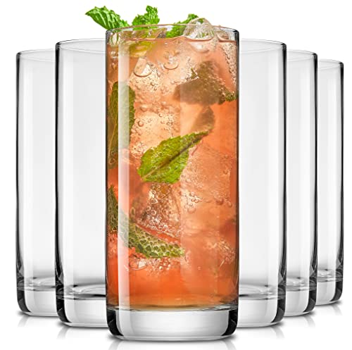 JoyJolt Faye 13oz Highball Glasses, 6pc Tall Glass Sets. Lead-Free Crystal Drinking Glasses. Water Glasses, Mojito Glass Cups, Tom Collins Bar Glassware, and Mixed Drink Cocktail Glass Set