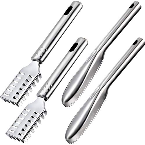 4 Pieces Fish Scaler Remover Fish Scaler Brush Set Stainless Steel Sawtooth Scarper Remover with Ergonomic Handle for Kitchen Tool Faster and Easier Fish Scales Skin Removing Peeling