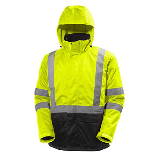 Helly-Hansen Workwear Alta Waterproof High Visibility Shell Jackets for Men with Detachable Hood and Napoleon Pocket; Class 3, HV Yellow/Charcoal - Medium