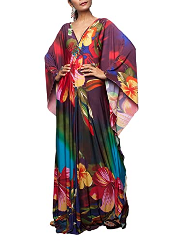 Bsubseach Plus Size Caftan Dresses for Women Swimsuit Cover Up Batwing Sleeve Summer Maxi Kaftan Dress Colorful Floral