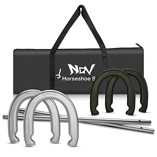 NQV Horseshoe Outside Game,Horse Shoe Game Kit,Horseshoe Set on Lawn Beach Soil Outdoor Backyard Adults. 4 Traditional Heavy Duty Forged Steel Horseshoes Regulation Size+2 Forged Steel Stakes+1 Bag
