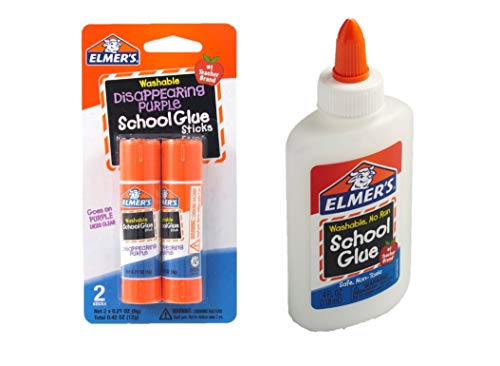 Elmer's bundle Washable Liquid School Glue, White, Dries Clear, 4 fl oz Plus Disappearing Purple Elmer's School Glue Stick, 7g, 2pk
