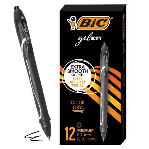 BIC Gelocity Quick Dry Black Gel Pens, Medium Point (0.7mm), 12-Count Pack, Retractable Gel Pens With Comfortable Full Grip