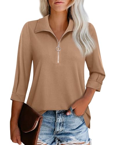 Summer Tops for Women 2024,Womens 3/4 Length Sleeve Tops,Blouses for Women Dressy Casual Tops for Women Trendy Women's Tops Zipper V Neck Dress Shirt Ladies Office Wear Work Clothes Spring Coffee L