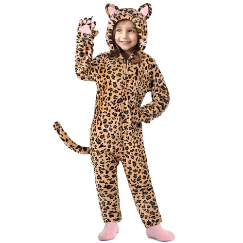 GIFTINBOX Cheetah Costume Kids, Zip-Up Hooded Onesie Cheetah Girls Costume, Cat Costume for Girls Dress Up, Halloween Animal Costumes for Kids 5 6 7 8 9 10