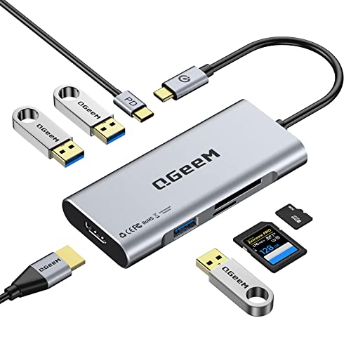 USB C Hub, QGeeM USB C to HDMI Adapter 4k, 7 in 1 USB C Dongle with 100W Power Delivery,3 USB 3.0 Ports, SD/TF Card Reader, Compatible for iPhone 15 Promax MacBook Ipad HP Dell and More Type C Device
