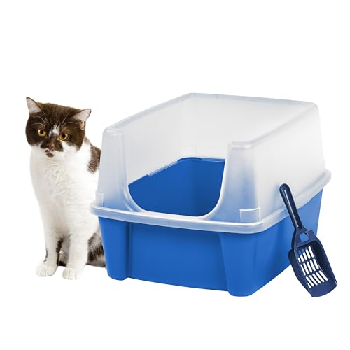 IRIS USA Open Top Cat Litter Tray with Scoop and Scatter Shield, Sturdy Easy to Clean Open Air Kitty Litter Pan with Tall Spray and Scatter Shield, Blue