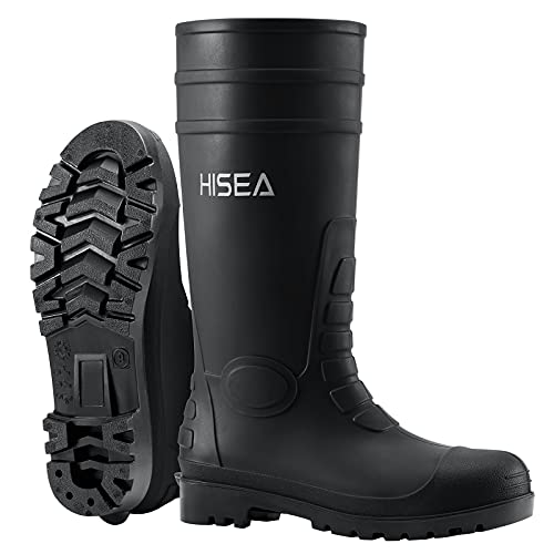 HISEA Men's Steel Toe Work Boots PVC Rain Boots, Rubber Garden Fishing Boots for Men, Waterproof and Slip Resistant Knee Boots for Agriculture and Industrial Working Size 9