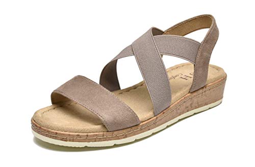 VJH confort Women's Flat sandals, Comfort Slip-on Elastic ankle strap Slingback Light Weight Casual Walking Sandals (taupe,10)