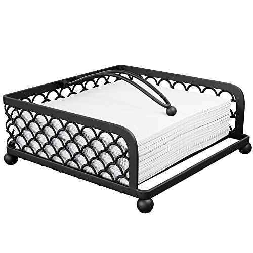 Elegant Napkin Holder for Table with Weighted Arm Modern Flat Napkin Holders for Dinner in kitchen or Dining room, Luxury restaurant Countertops & Outdoor Tables | Square Metal Lattice Basket (Black)