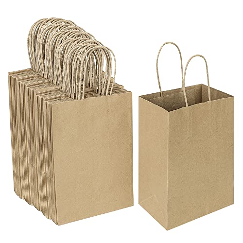 Oikss 100 Pack 5.25x3.25x8.25 Inch Small Plain Natural Paper Kraft Gift Bags with Handles Bulk for Birthday Party Favors Grocery Retail Shopping Business Goody Craft Bags Cub (Brown 100 Count)