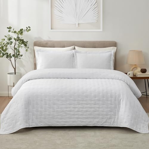 Hansleep Quilt Set Ultrasonic Lightweight Bed Decor Coverlet Set Comforter Bedding Cover Bedspread for All Season Use (White Line, Full/Queen 90x96 inches)