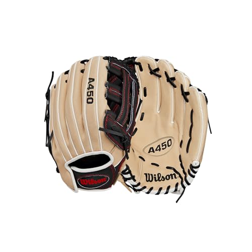 Wilson 2024 A450 12” Youth Outfield Baseball Glove - Right Hand Throw, Blonde/Black/Red