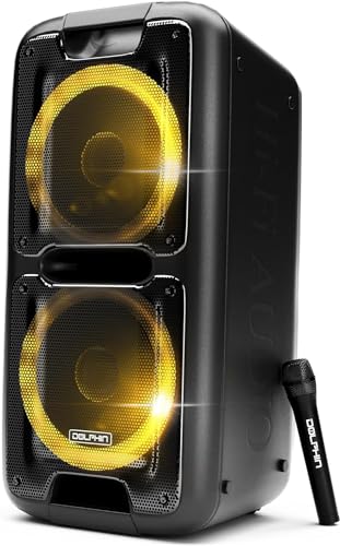 Dolphin SP-2100RBT Portable Bluetooth Speaker System - Party Speaker on Wheels with Sound-Activated Light Show, Seamless Audio Sync, Powerful Bass, Dual 10' Woofers, Long Battery Life