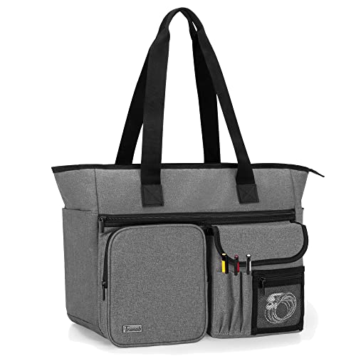 Trunab Teacher Tote Bag Work Bag with Multiple Pocket and Padded Compartment for up to 15.6”Laptop, Zip Top Utility Carrying Bag for Working Women, Travel, Office, Business, Grey