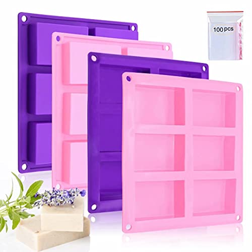 Bangp 4 Pack Silicone Soap Molds,Rectangle Soap Mold,6 Cavities Silicone Molds for Craft Soap Making,Cake Chocolate Mold,with 100pcs 3.5x5 inches Bags