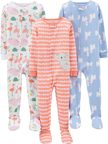 Simple Joys by Carter's Baby Girls' Snug-Fit Footed Cotton Pajamas, Pack of 3, Animal/Hearts, 12 Months