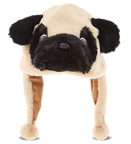 DolliBu Pug Dog Plush Winter Hat - Super Soft Pug Stuffed Animal Novelty Hat with Ear Flaps, Pet Life Animal Costume Hat with Cozy Fleece, Funny Beanie Dog Plush Hat for Kids, Teens, Adults - One Size