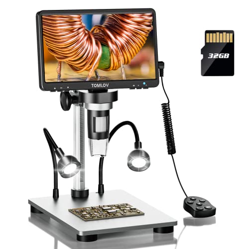 TOMLOV DM9 7' LCD Digital Microscope 1200X, 1080P Coin Microscope Magnifier, 12MP Ultra-Precise Focusing Soldering Microscope for Adult, PC View, 32GB