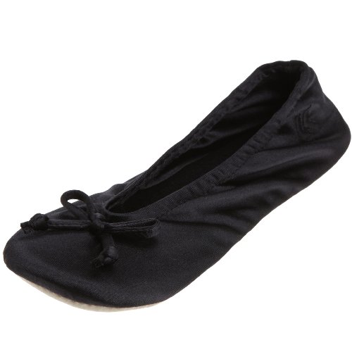 Isotoner Ballerina Slippers for Women – Soft Satin House Shoes with Bow and Suede Sole – Classic Comfy Travel and Bedroom Slippers – Cute Bridal Party Slippers, Black Soft Tie Bow, 6.5-7.5