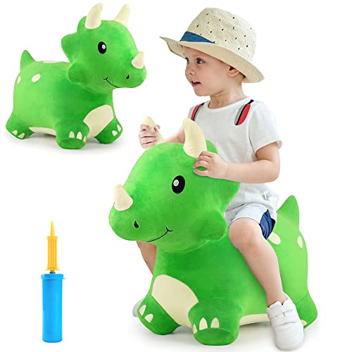 iPlay, iLearn Bouncy Pals Dinosaur Hopper Toy 2 Year Old Boy, Toddler Plush Bounce Animals, Ride on Bouncing Triceratops for Kids, Outdoor Hopping Horse Bouncer, Cool Birthday Gifts 3 4 5 6 Yr Girls