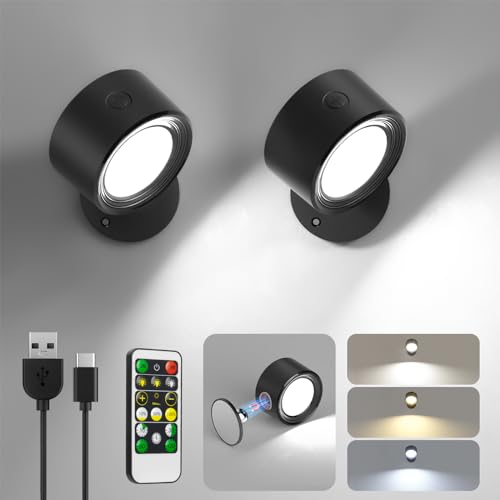 Lightbiz LED Wall Mounted Lights 2 Pcs with Remote, Sconces Lamp 3000mAh Rechargeable Battery Operated, 3 Color Temperatures & Dimmable Magnetic 360° Rotation Cordless for Bedroom Bedside