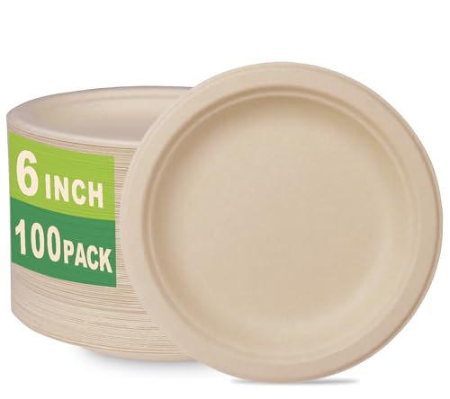 GreenWorks 100 Count 6“ Small Compostable Dessert Plates, Heavy-duty Unbleached Biodegradable Bagasse and Bamboo fiber Paper Plates