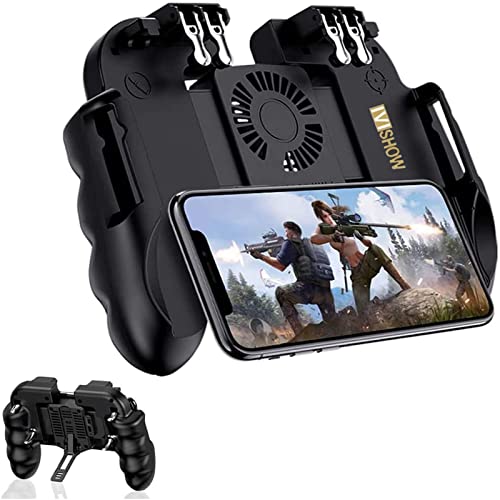 Ivishow 4 Trigger Mobile Game Controller with Cooling Fan & Adjustable Stand [6 Finger Mode], L1R1 L2R2 Phone Controller Compatible with 4.7-6.5 inch iOS & Android Phone