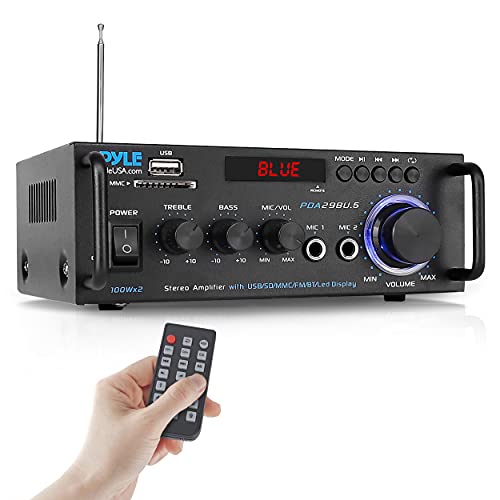 Pyle Stereo Power Amplifier 200 W Peak w/ Bluetooth Wireless, LED Display, Dual Channel Audio Stereo Receiver w/ RCA, USB, SD, MIC in, FM Radio, Perfect For Home Computer via RCA, PDA29BU.5