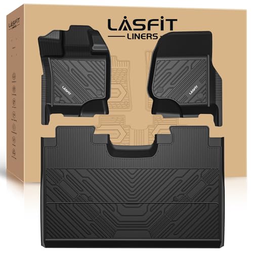 LASFIT Floor Mats Fit for Ford F-150 2015-2024/ F150 Lightning 22-24 SuperCrew Cab (Rear w/o Under-Seat Fold Flat Storage), All Weather TPE Truck Liners,1st & 2nd Row, Black