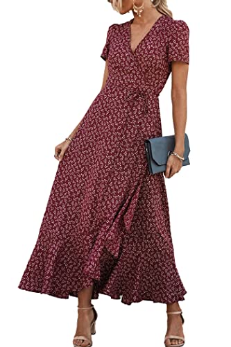 PRETTYGARDEN Women's Summer Wrap Maxi Dress Casual Boho Floral V Neck Short Sleeve Ruffle Hem Split Beach Long Dresses (Red,Medium)