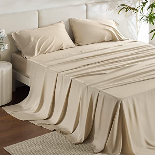 Bedsure Queen Sheets, Rayon Derived from Bamboo, Queen Cooling Sheet Set, Deep Pocket Up to 16', Breathable & Soft Bed Sheets, Hotel Luxury Silky Bedding Sheets & Pillowcases, Beige