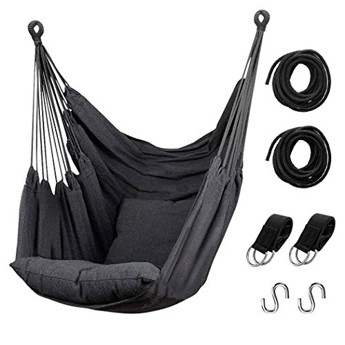 Hommtina Hammock Chair Hanging Rope Swing, Max 300 Lbs Hanging Chair with Pocket- Quality Cotton Weave for Superior Comfort & Durability Perfect for Outdoor, Home, Bedroom, Patio, Yard (Dark Gray)