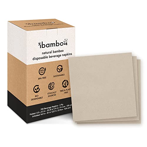 Ibambo 250 Pack Bamboo Cocktail Napkins - 2-Ply Ecofriendly Beverage Napkins - Bar Napkins for Home, Parties - 4.5x4.5 Inch Folded Drink Napkins - Disposable Napkins for Serving Drinks, Small Food