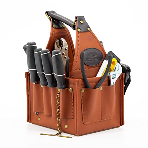 TRAILSIDE Tool Tote Bag, Genuine Leather Bucket Maintenance Pouch, 23 Pocket Organizer for Hand Tools and Supplies, Heavy Duty Electrician, HVAC, and Plummer, Handyman Open Top Carrier