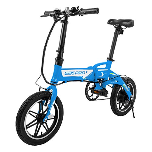 Swagtron Swagcycle EB-5 PLUS Folding Electric Bike with Pedals and Removable Battery, Blue, 14' Wheels