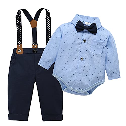 HeMarIsle Baby Toddler Boy Formal Gentleman Suits,Dress Long Blue Shirt With Bowtie+Suspender Pants Dressy Outfit (3136Light blue, 6-9 Months)