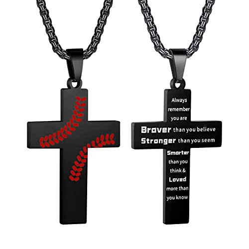 HattiDoris Baseball Cross Necklace for Boys Inspirational Bible Verse Cross Pendant Stainless Steel Chain 22+2 inch Baseball Sports Jewelry Baseball Gift for Men Women(B-Brave Strong)