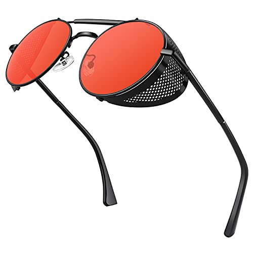 Retro Round Steampunk Sunglasses Men Women Side Shield Goggles Gothic UV400 Protection Black Frame Red Lens S92