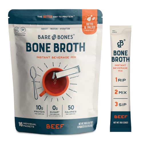Bare Bones Beef Bone Broth Instant Powdered Mix | Rich Savory Packets on-the-Go No Artificial Flavors | 100% Grass Fed Keto & Paleo Friendly | 10g Protein | 16 Pack