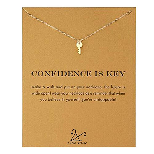 LANG XUAN Friendship Gold Key Necklace Good Luck Elephant Pendant Chain Necklace with Message Card Gift Card