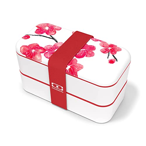 monbento - Bento Box MB Original Blossom with Compartments - 2 Tier Leakproof Lunch Box for Work and Meal Prep - BPA Free - Food Grade Safe - Japanese Flowers - Red & White
