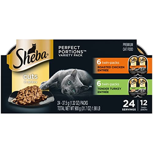 SHEBA Perfect Portions Cuts in Gravy Wet Cat Food Trays (12 Count, 24 Servings), Roasted Chicken and Tender Turkey Entrée, Easy Peel Twin-Pack Trays