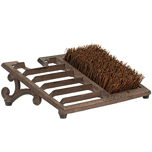 MyGift Dark Brown Cast Iron Heavy Duty Outdoor Entryway Doormat Shoe Scraper and Dirt Cleaner Brush with Angled Design and Boot Puller