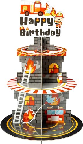 Haooryx Firefighter Party Decoration Cupcake Stand 3 Tier Fire Truck Cupcake Tower Cardboard Happy Birthday Dessert Holder Pastry Platter for Kids Adult Firefighter Theme Birthday Party Decor Supplies
