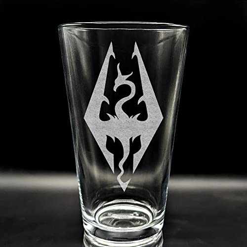 SKYRIM EMBLEM Engraved Pint Glass | Inspired by Elder-Scrolls | Great Gamer Drinking Gift Idea & Fantasy Decor!