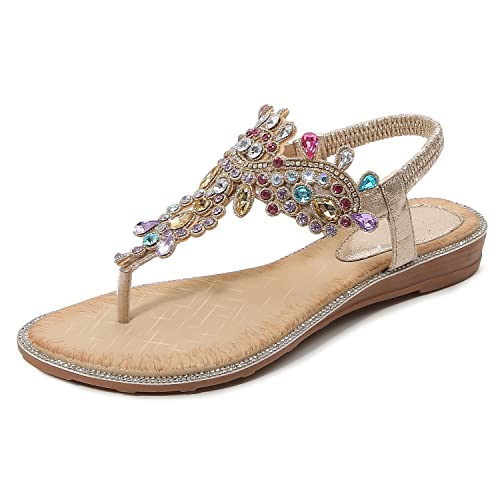iCKER Women Rhinestone Sandals T-Strap Buckle Bohemian Pearl Crystal Flat Sandals-PD01-Gold-9
