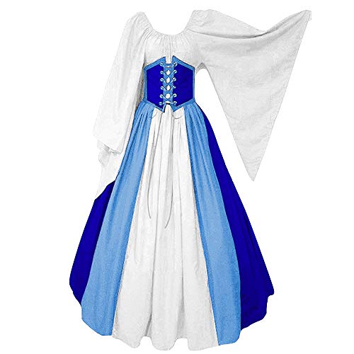 Abaowedding Women's Renaissance Medieval Costumes Dress Trumpet Sleeves Gothic Retro Gown Blue Small