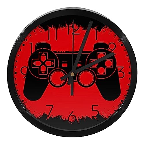 Game Joystick on Red Grunge Background Non-Ticking Wall Clocks, Battery Operated Silent Wall Clock for Bedroom Living Kitchen Office Home Art Decor